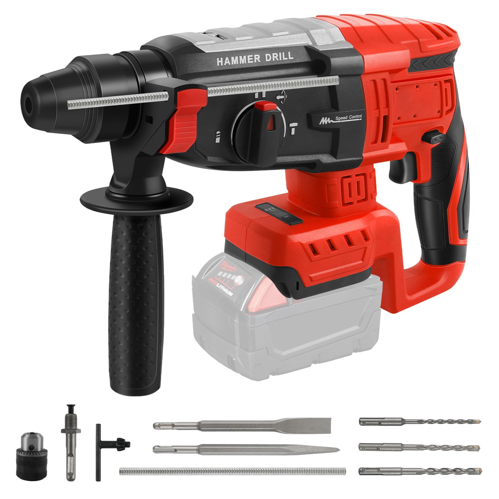 Cordless Rotary Hammer Drill Compatible with Milwaukee 18V Battery, Brushless SDS Plus 2.6 Joules Hammer Drill with 4 Modes and 5 Drills, 360°Auxiliary Handle (Battery not Included)