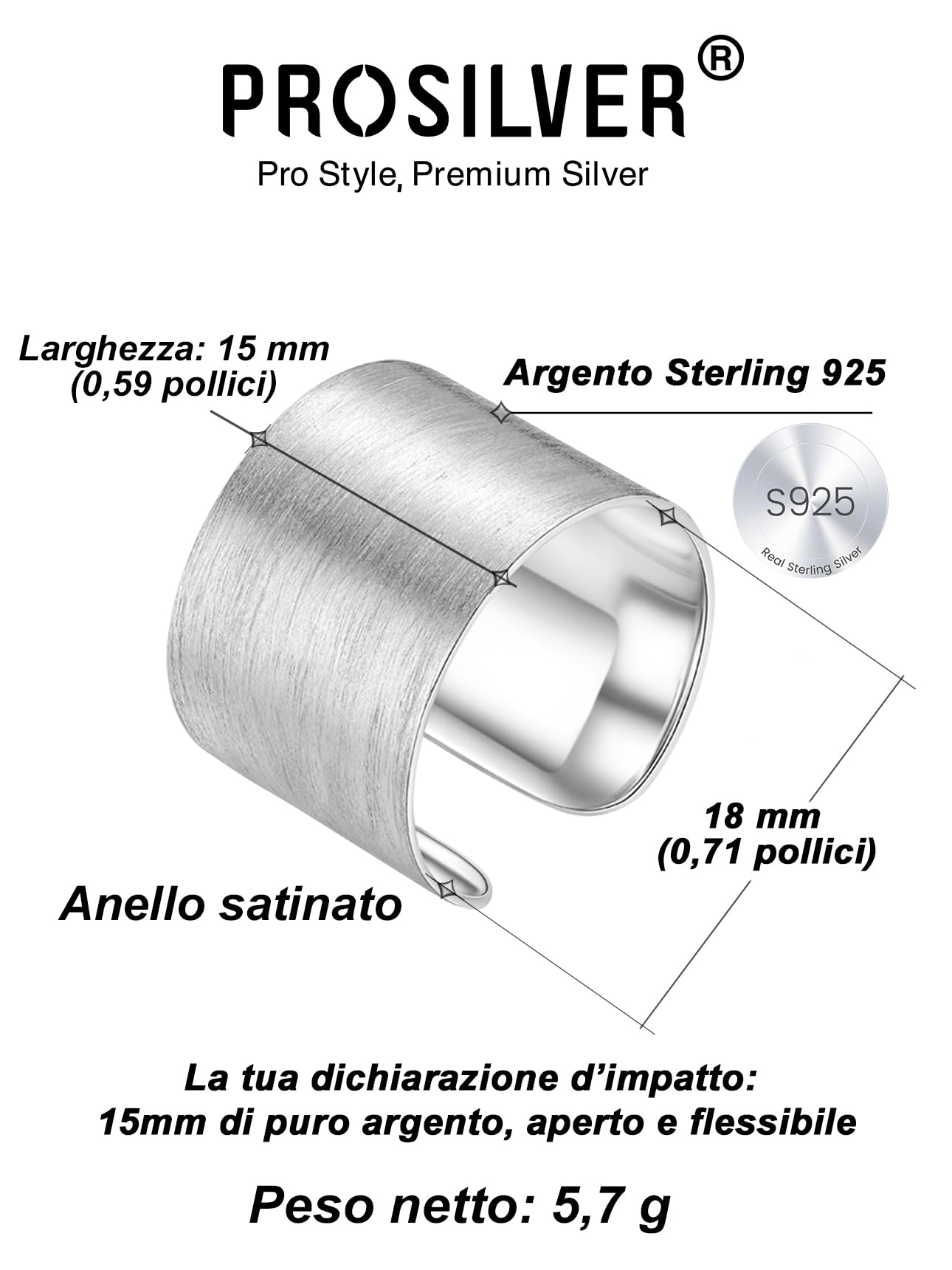 PROSILVER Anello Argento 925, Anello Aperto Personalizzabile per Donna Uomo, Larghezza 5/10/15 mm, Taglia Regolabile da 12-27, Fede Nuziale Fidanzamento Anniversario