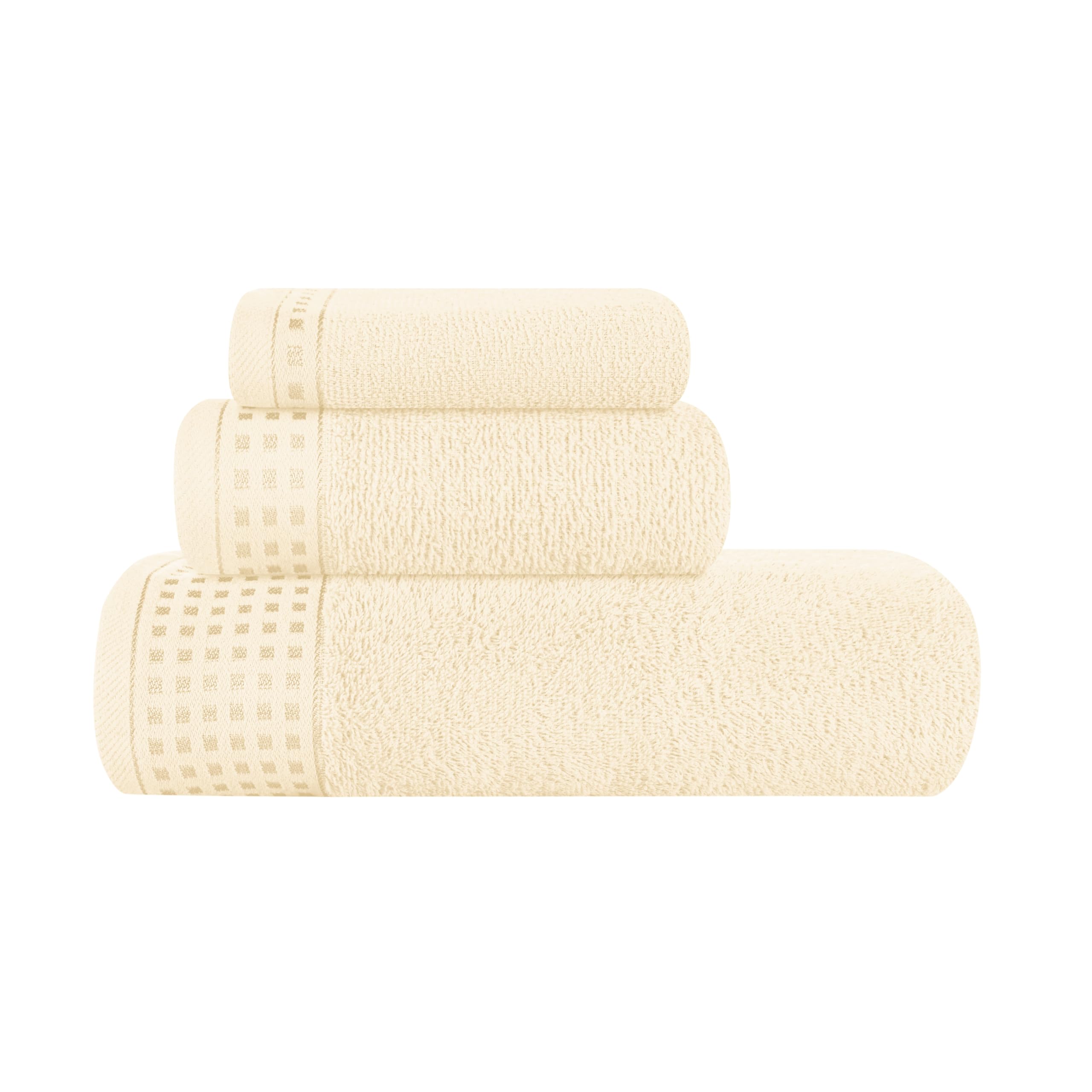 GLAMBURG Ultra Soft 3 Pack Cotton Towel Set, Contains a Bath Towel 28x55 inch, a Hand Towel 16x24 inch &amp; a Wash Coth 12x12 inch, Ideal Everyday use, Compact &amp; Lightweight - Ivory