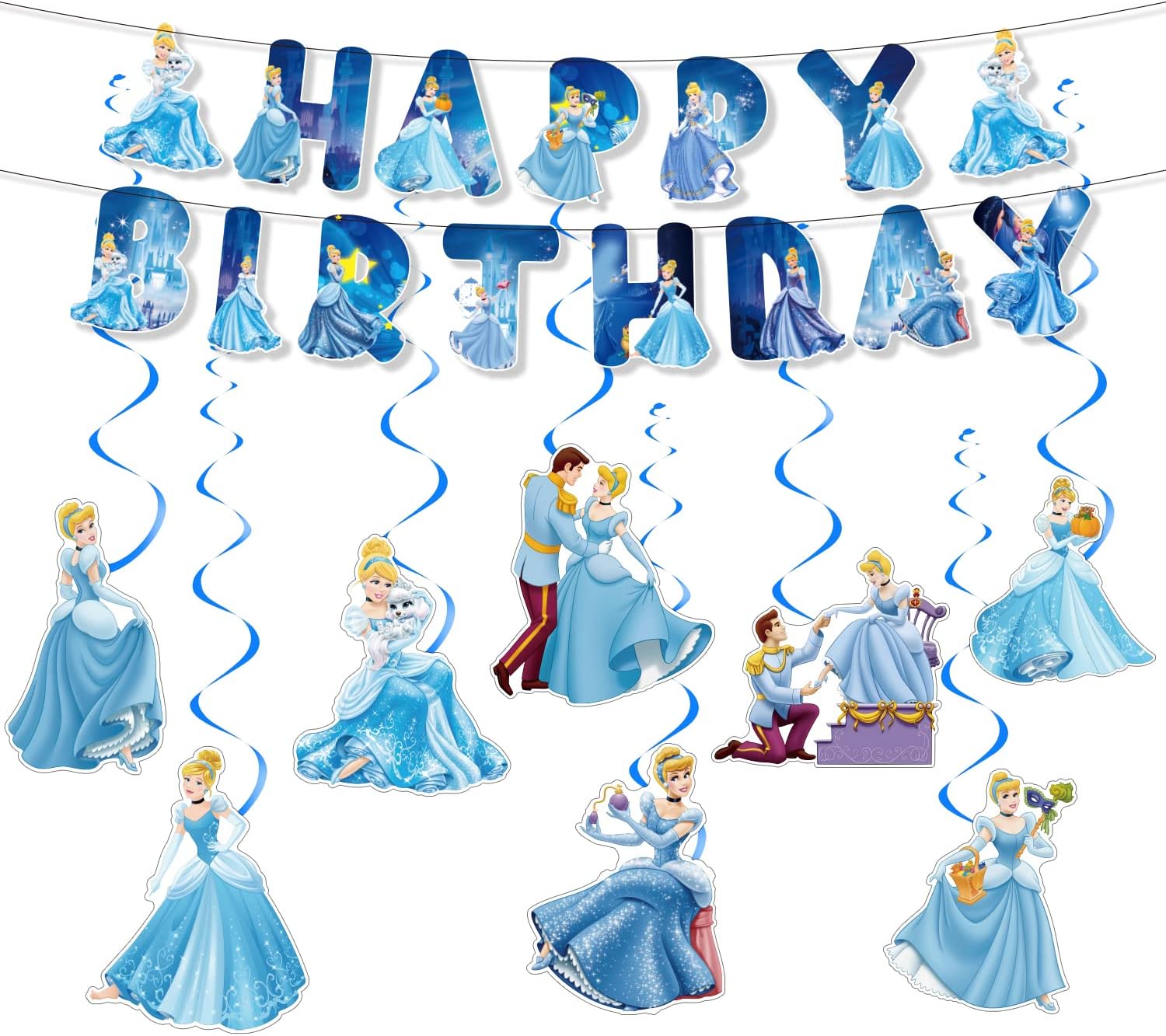 Cinderella Birthday Decorations Cartoon Cinderella Party Decorations Banner and Hanging Swirls for Kid, Boys and Girls Happy Birthday Banners
