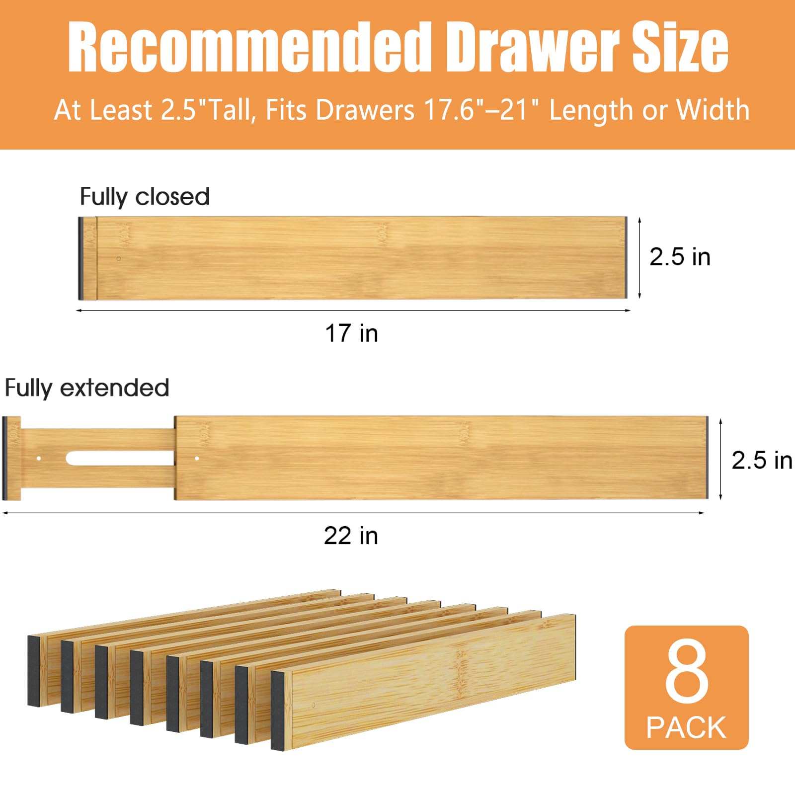 Divisori per cassetti in bambù, regolabili da 43,2 a 56 cm, organizer per cassetti da cucina, per vestiti, confezione da 8 separatori espandibili per organizzare i cassetti, per camera da