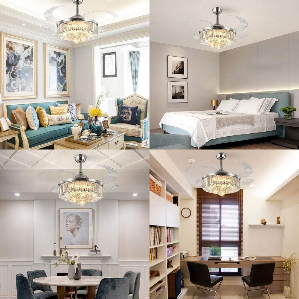 Limited Discount Crystal Chandelier Ceiling Fan with LED Light and Remote Control, 42 Modern Retractable Blade Ceiling Fans Light, 3 Lights Color and 6 Speeds, Perfect for Indoor, Living Room, Bedroom (Crystal Silver)…