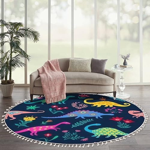 Alfombras redondas de dinosaurios, lindos niños para niñas y niños, coloridos animales de dibujos animados en el área bohemia, alfombra de lino y