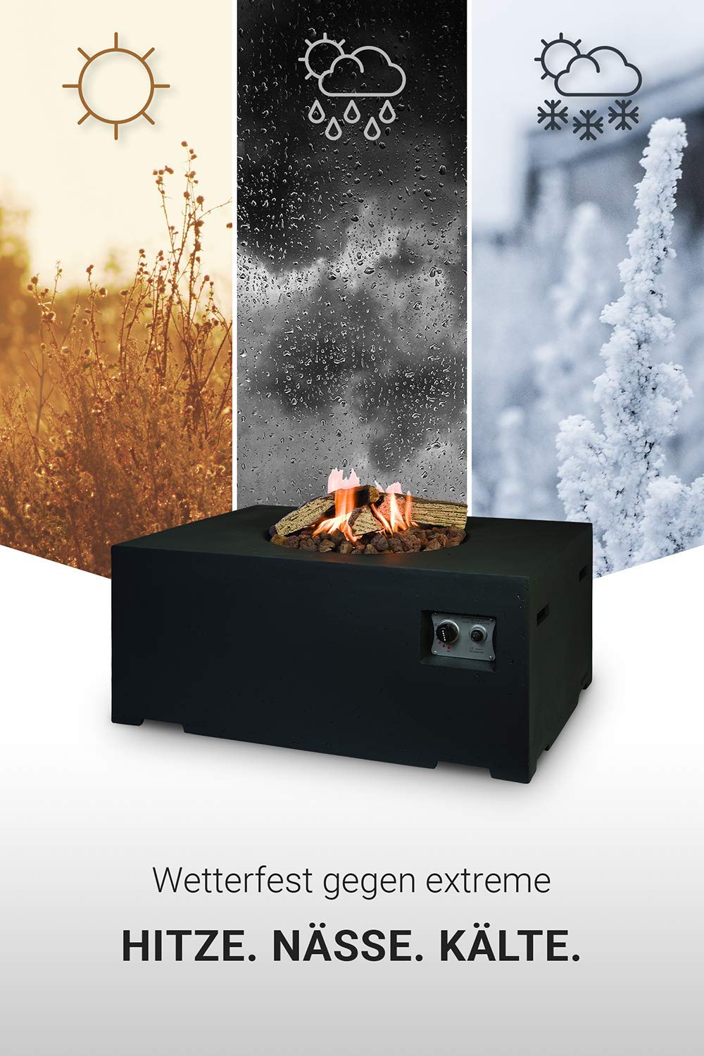 M A N I A Feuertisch für den Garten - Gas Feuerstelle ohne Rauch, Funken, Glut & Asche - Gaskamin Outdoor mit 19,5 kW in Betonoptik schwarz 107 x 80 x 46 cm - Gasfeuerstelle Terrassenkamin Kaminfeuer