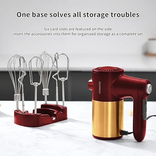 Miniatura 6 de Batidora de mano eléctrica de 9 velocidades, potente batidora de mano eléctrica roja y dorada de 400 W, batidora de mano para hornear pasteles,