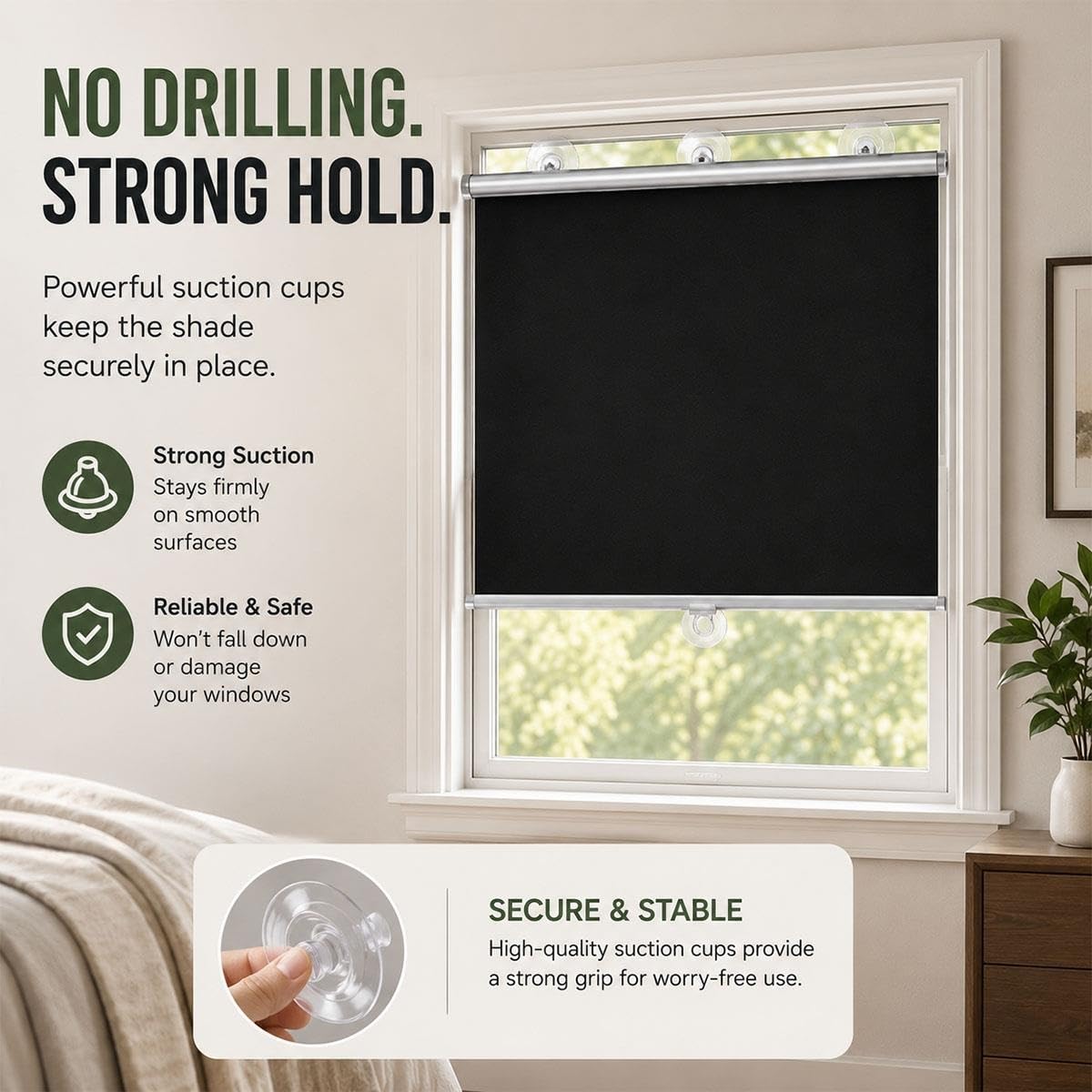 Tende Oscuranti Senza Forare per Finestre, Tende a Rullo con Ventose, Avvolgibili Retrattili per Camera, Ufficio, Camper, Viaggio e Casa in Affitto, per Privacy, Nere(W 70 x 80 cm)
