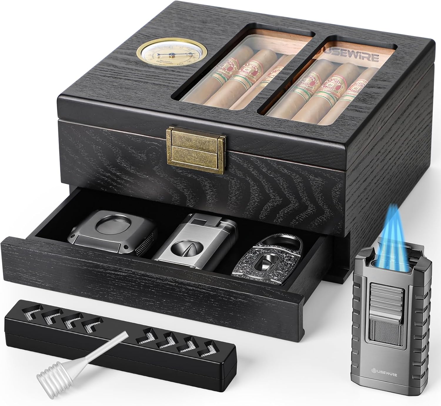 Cigar Humidor, Glass Top Cedar Wood Cedar Humidor Box, Cigar Case for 20-35 Cigars with Hygrometer and Multi-Function Cigar Lighter, Desktop Humidor, Gift for Humidor Cigar Box for Men