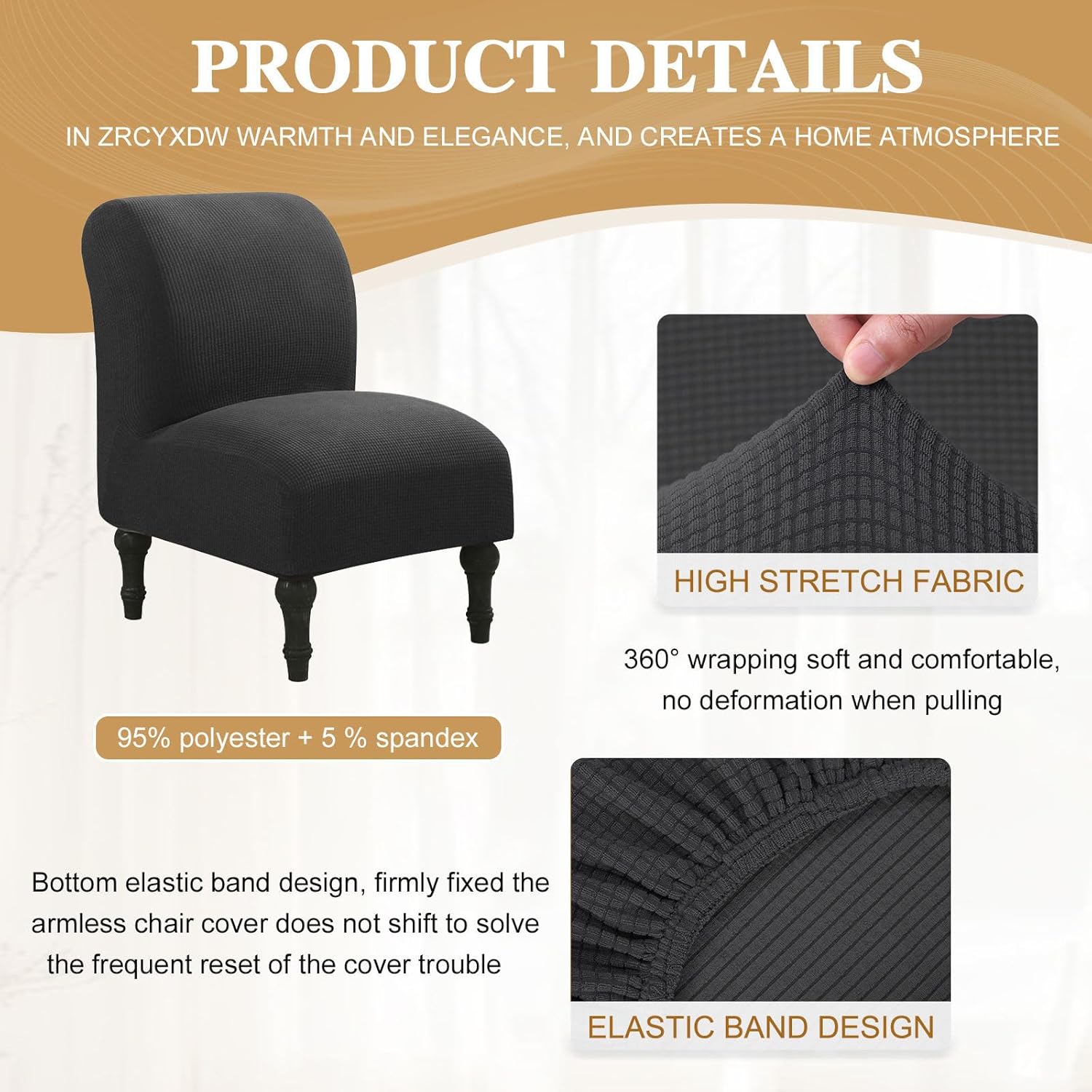 Waterproof Armless Chair Slipcover, Stretch Armless Accent Chair Cover Removable Slipper Chair Cover Washable for Dining Room-Dark Grey-1 Piece