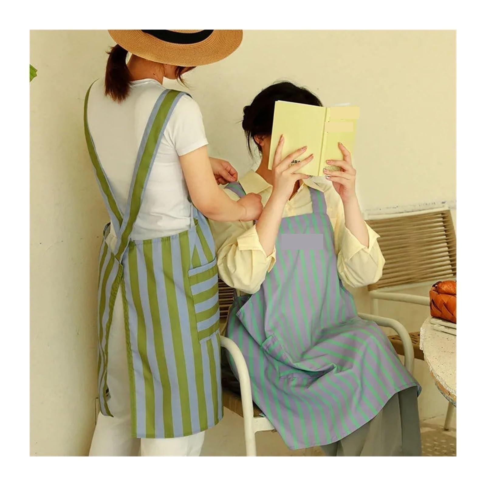 delantal Delantal a rayas de algodón y poliéster impermeable for verano, con bolsillo espalda cruzada, cocina for mujer, limpieza, trabajo horneado