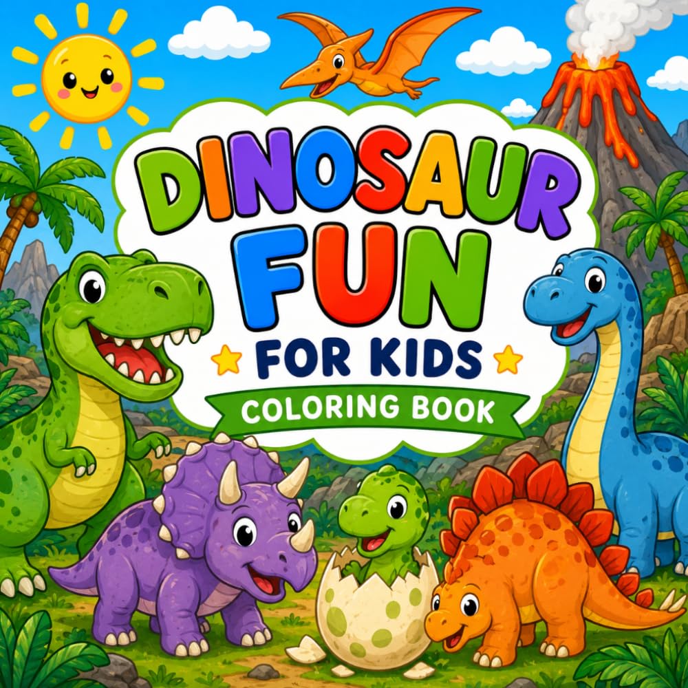 Dinosaur Fun for Kids: Simple Dinosaurs, Volcanoes and Prehistoric Adventures Coloring Book for Ages 3-6