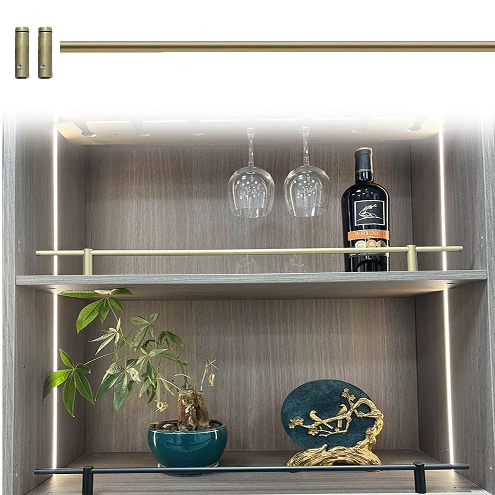Minglez Brushed Gold Gallery Rail For Shelves Metal Guardrail Bar For Wood Shelves 48 36 30 28 22, Shelf Guard Rail Decorative Black For Kitchen Cabinet, Straight Floating Shelf Railing Rod(,45Inch/114.3Cm)