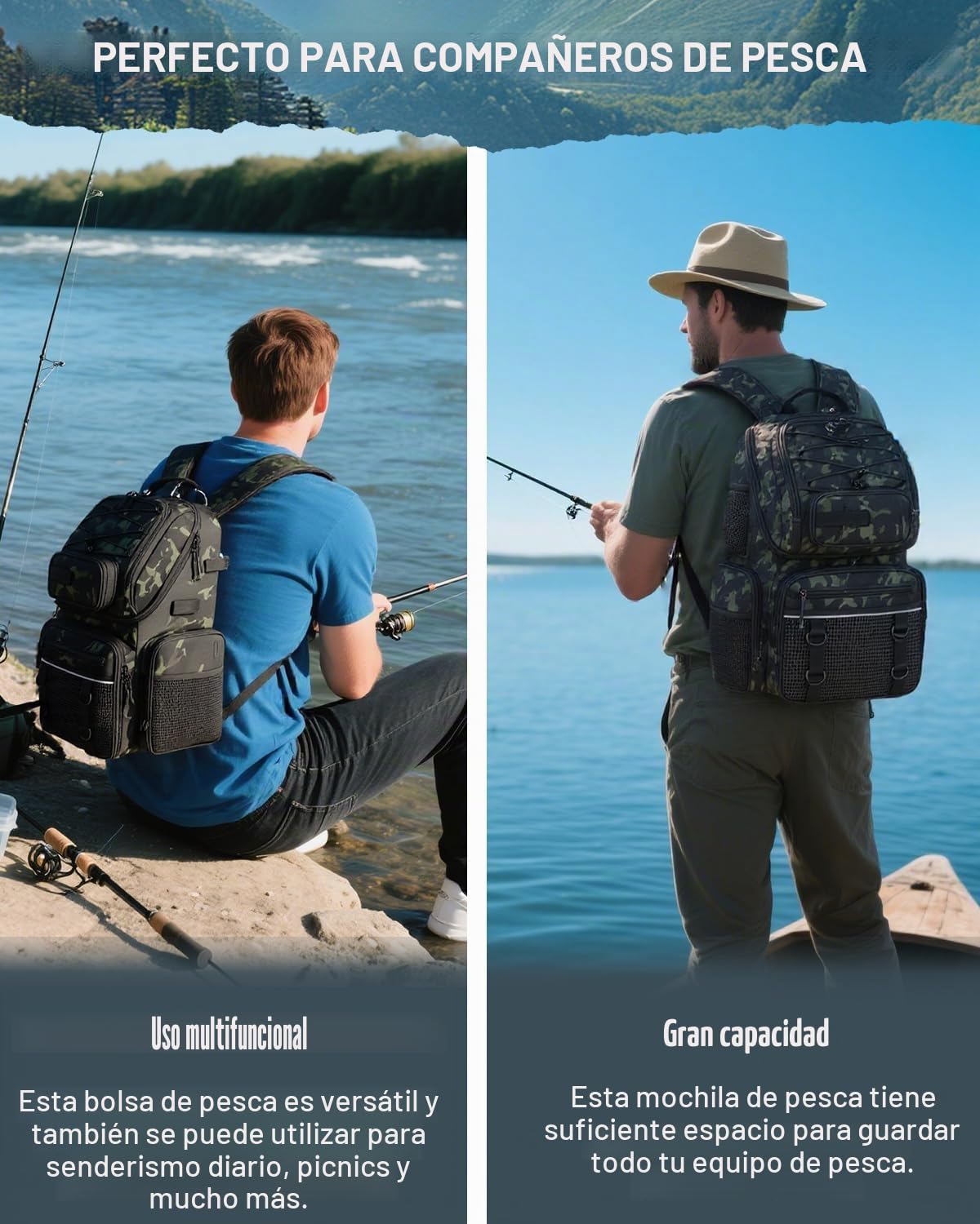 Mochilas Pesca con 4 Cajas Lure Bolsa de Pesca de 50L con Compartimento Frigorífico Resistente al Agua Grande (Camo)