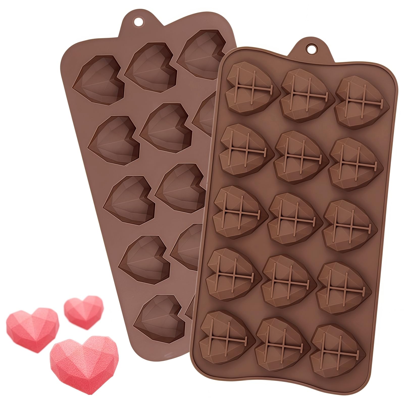SamHeng Diamond Heart Shaped Chocolate Moulds, 2 Pcs 3D Silicone Candy Making Moulds, DIY Jelly Mould for Birthday Christmas Valentine's Day Anniversary