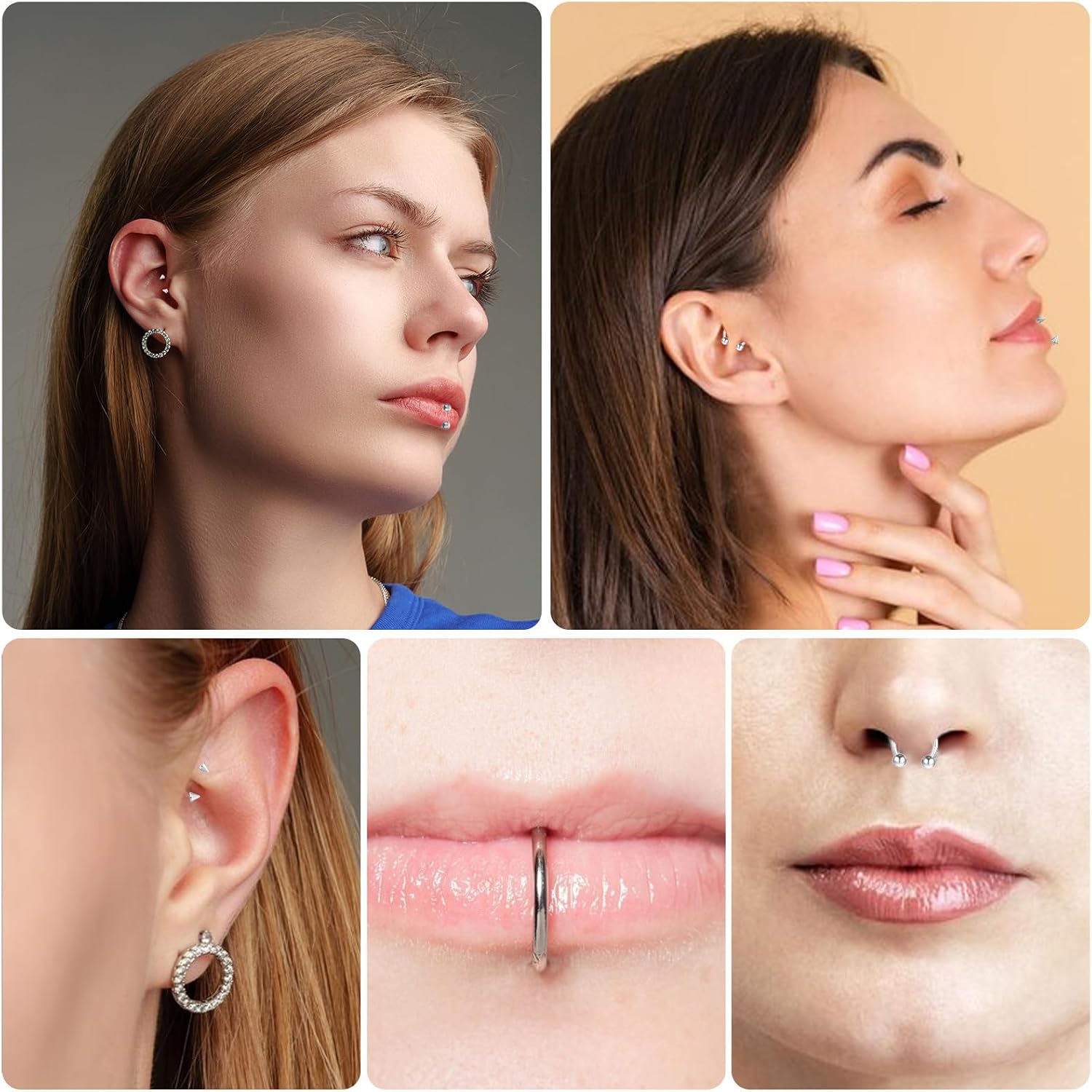 Gjinxi Lip Piercing Jewelry 32PCS 16G Lip Rings Surgical Steel Labret Jewelry, Snake Bite Monroe Medusa Piercing, Horseshoe Barbell Rings, Helix Daith Tragus Cartilage Studs for Women Men