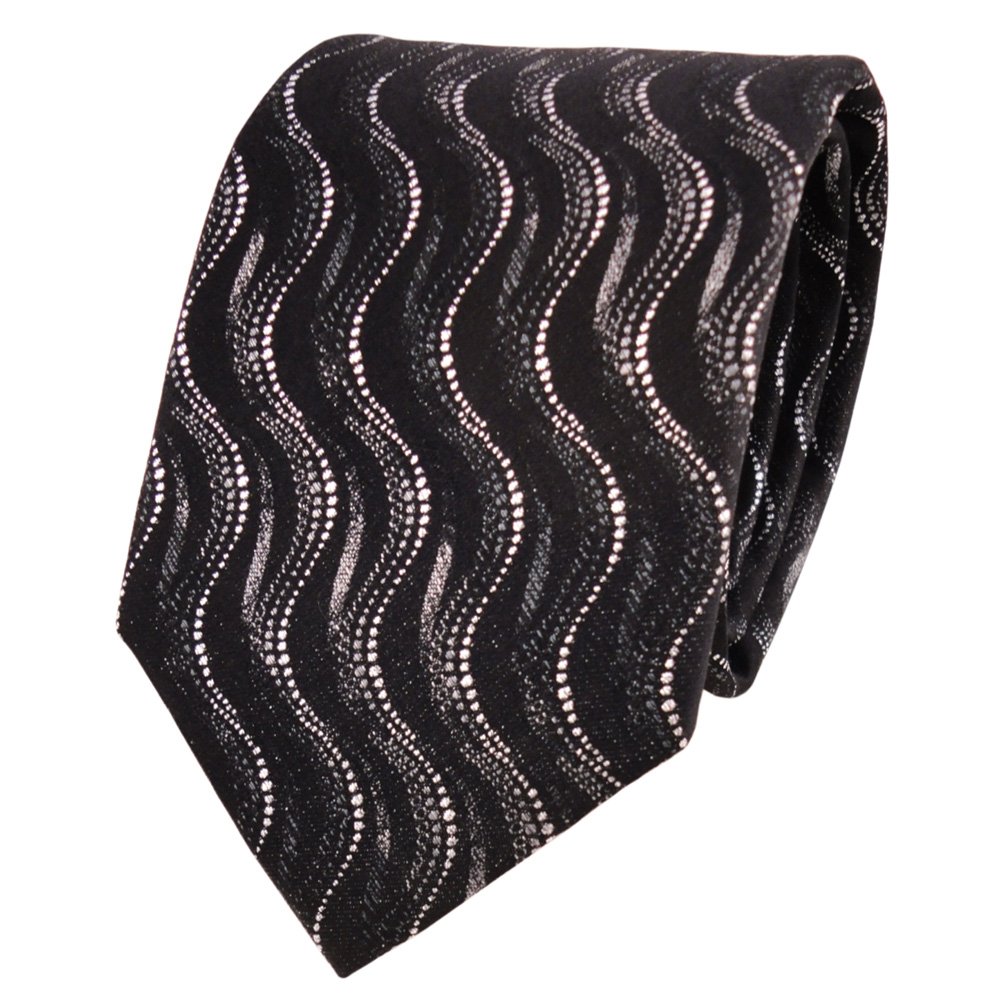 Tigertie Men's Black - Black Lurex Silk Tie Black Anthracite Silver Wave Patterns - Tie Necktie