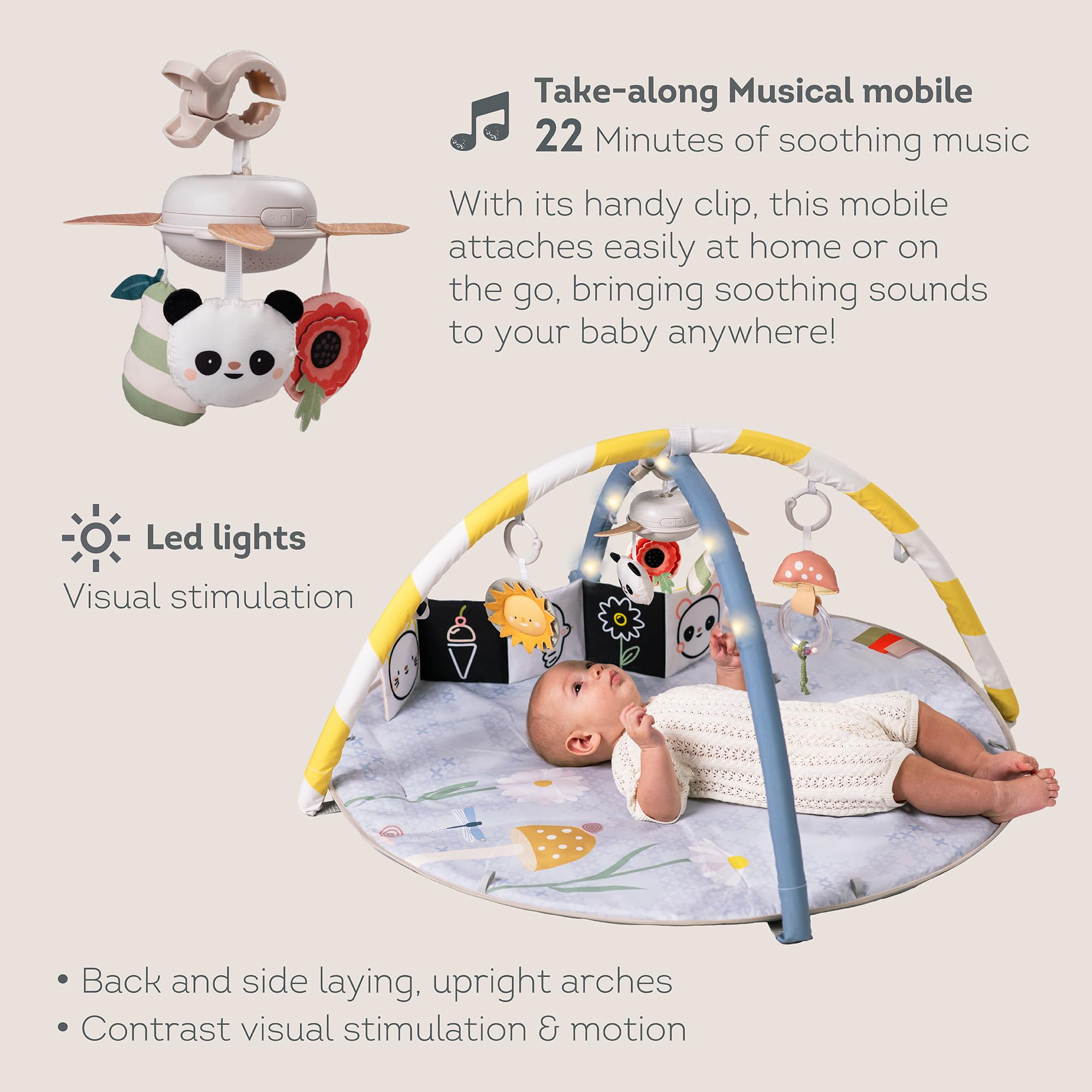 Taf Toys Fantasy Bloom Fitnessstudio.LED Lichterbögen, tragbares Musik-Mobile (20 Minuten beruhigende Melodien), sensorisches interaktives Spielzeug, doppelseitiges Babybuch & weich gepolsterte