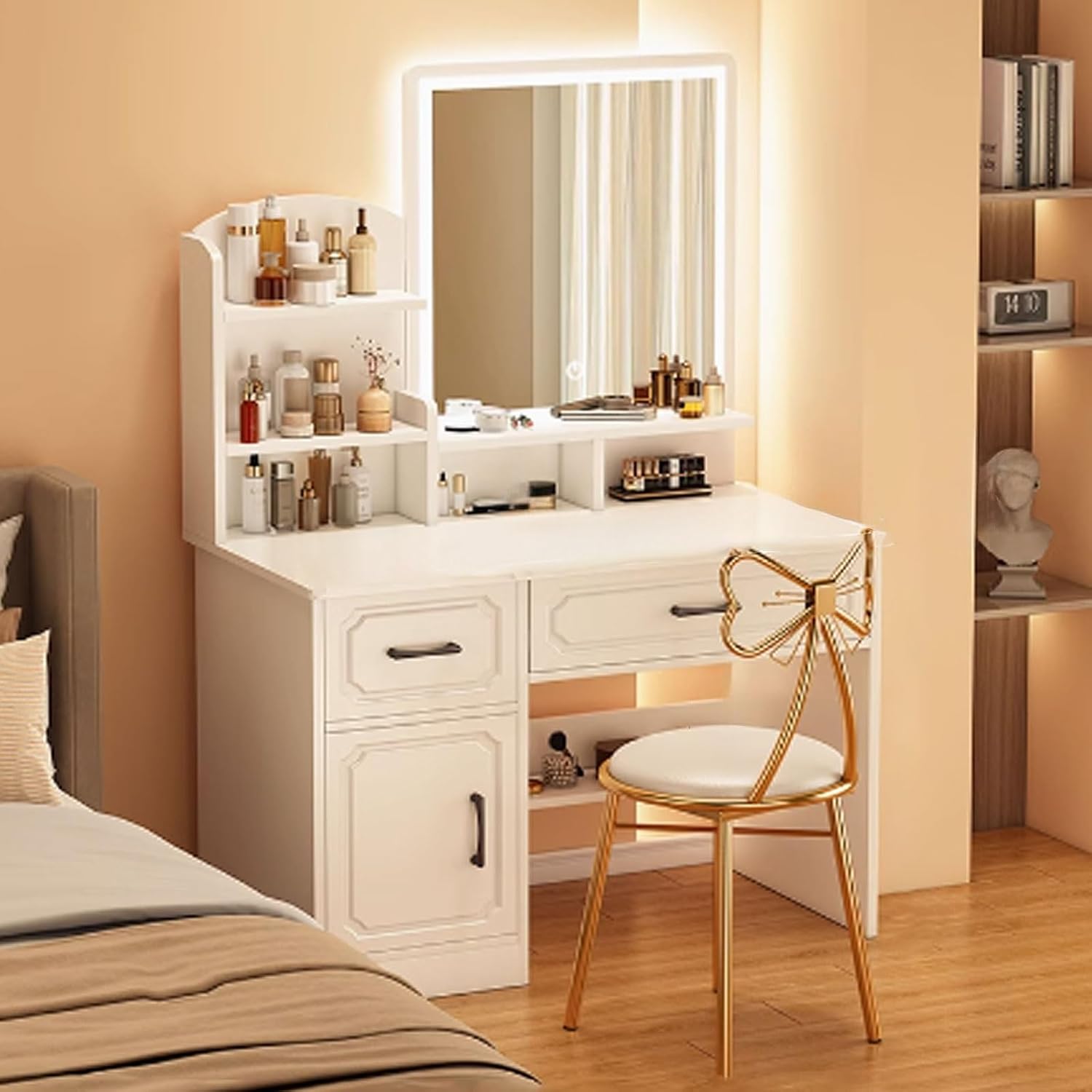 White Vanity Desk, Makeup Vanity Desk, Small Vanity Desk with Drawers, Make up Vanity with Chair White Engineered Wood for Bedroom, Makeup Room(LED Square Mirror,Bow Chair)