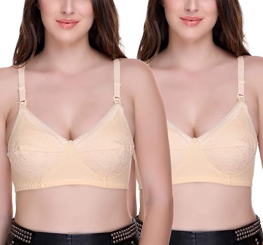 Sona Women's Cotton Breastfeeding Nursing Maternity Non Padded Bra (Beige_36B) Pack of 2