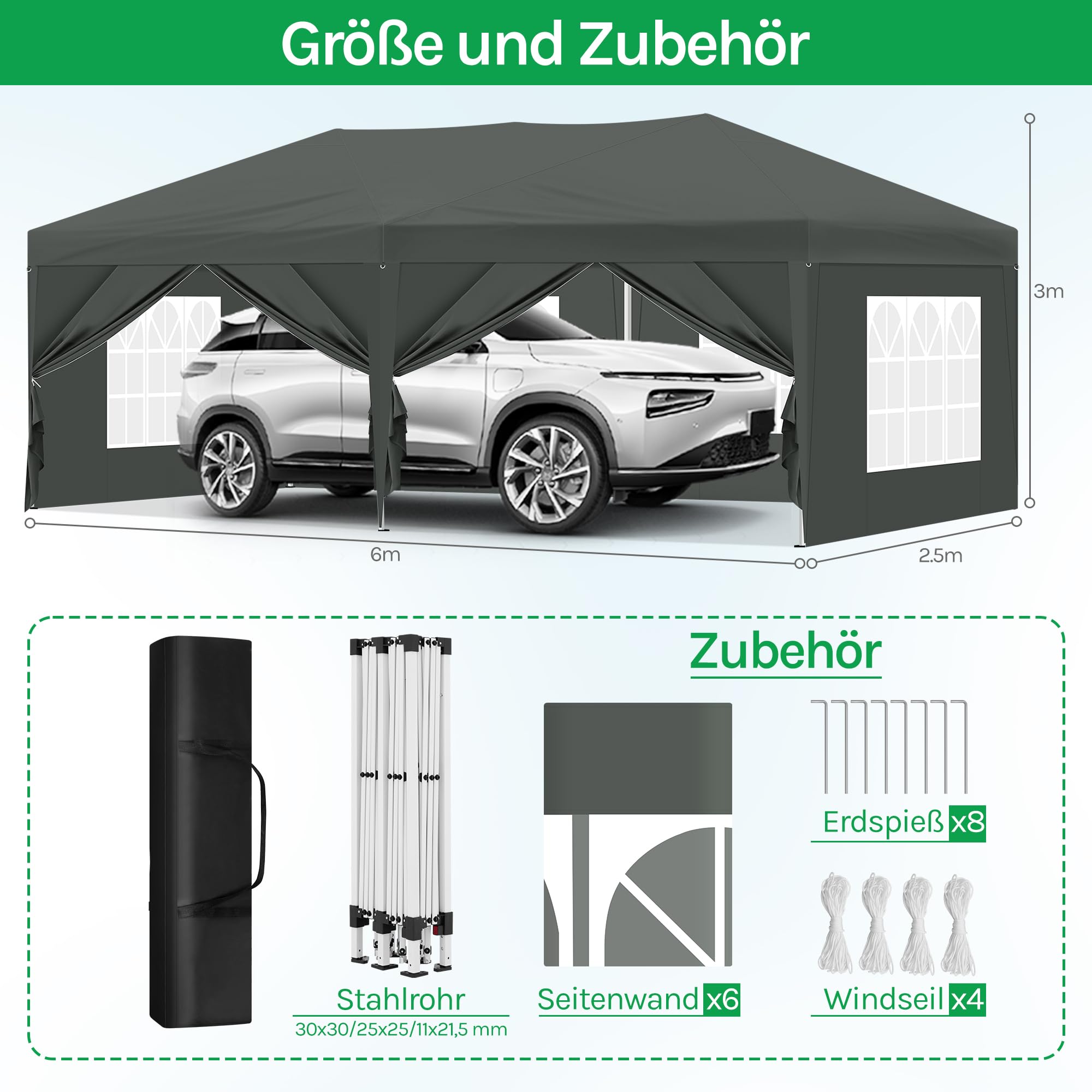 Laneetal Pavillon 3x6 m, Pop Up Faltpavillon, 6 Seitenwände mit Fenster Reißverschlüsse, Gartenpavillon wasserdicht Winterfest UV-Schutz, für Garten, Camping, Strand, Grill, Anthrazit
