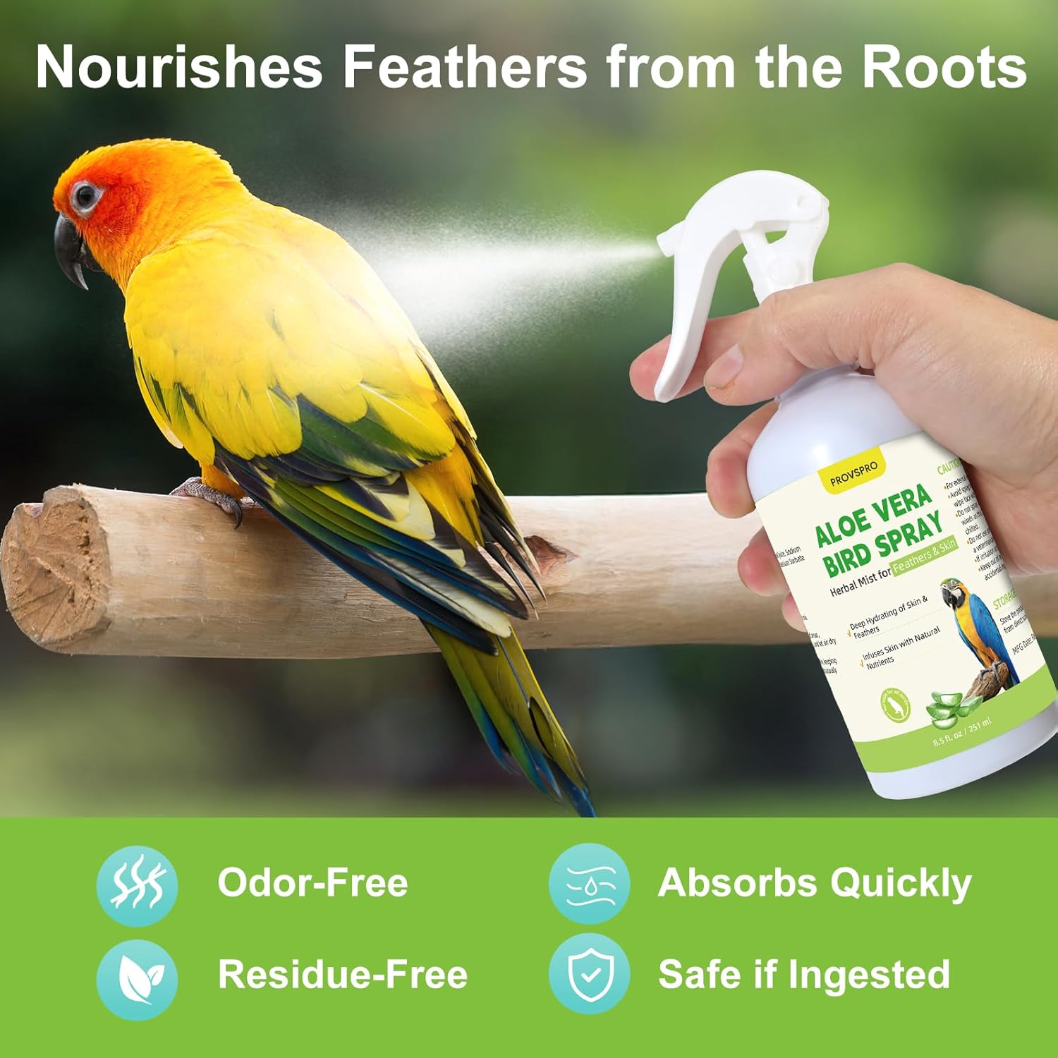 Aloe Vera Bird Spray, Moisturizes Feathers Soothes Dry Itchy Skin, Supports Molting Healthy Plumage, Prevent Feather Plucking Gentle Care, Safe Effective for Parrots Finches All Birds, Odor-Free