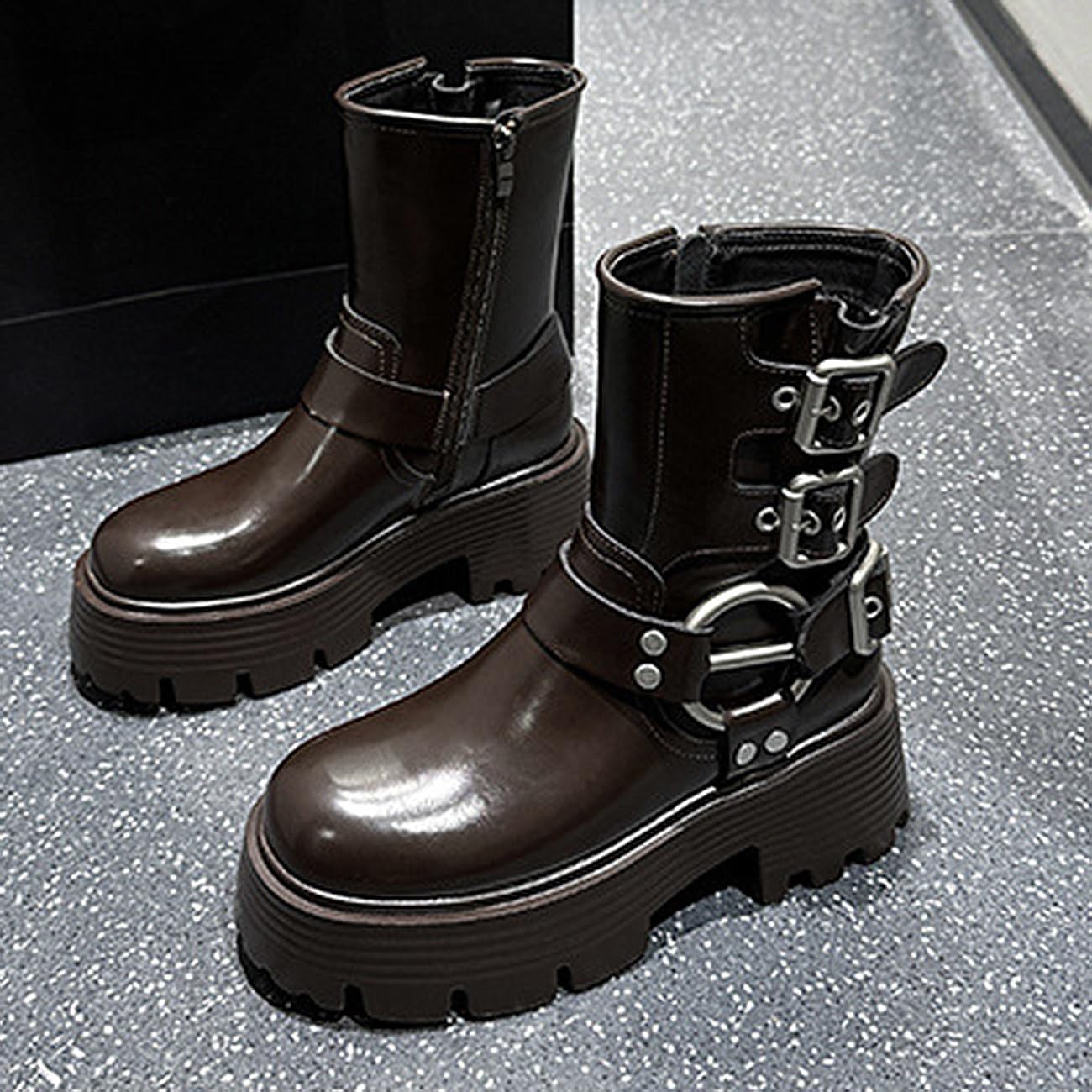 Womens Platform Ankle Boots Zip Belt Buckle Riding Boots Fashion Chunky Motorcycle Boots