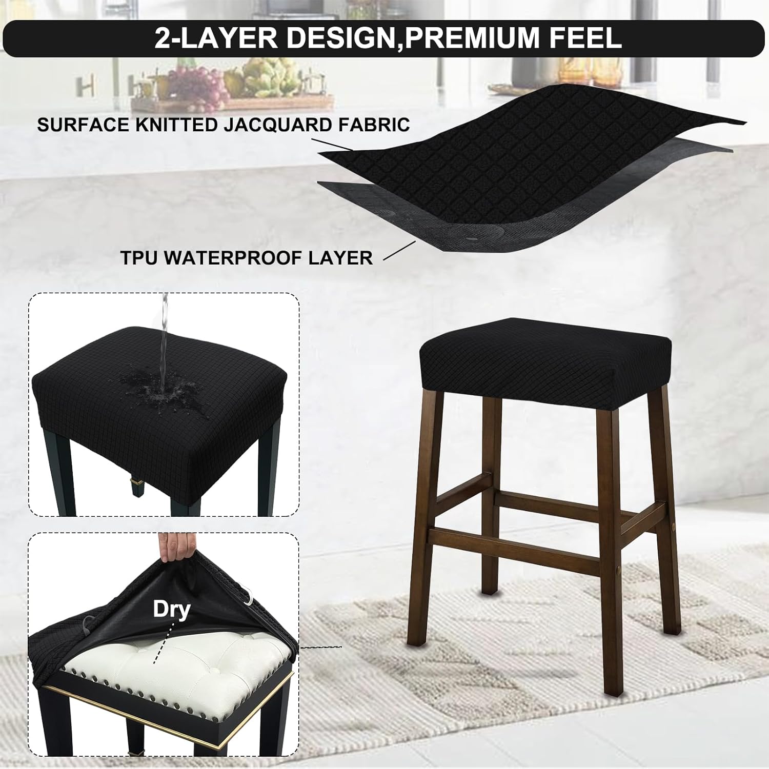 NeColorLife Rectangle Bar Stool Covers,Stretch Waterproof Saddle Seat Covers for Counter Height and Kitchen Island Chairs,Vanity Barstool Cushion Protector,Black,Pattern A,4 Pack