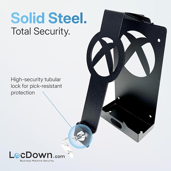 LocDown Security Stand Enclosure Compatible with Xbox Series S Steel Anti Theft Locking Case with Dual Cam Lock, Ventilated Design, Wall or Desk Mount, Commercial Gaming Protection (Series S)