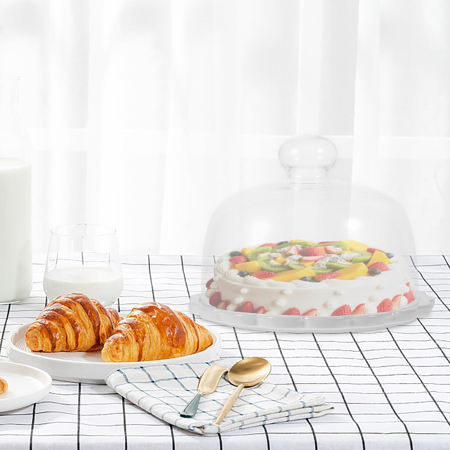 Glass Cake Cover Dome, White Food Snack Display Tray, Dessert and Pastry Holder for Kitchen and Party Serving