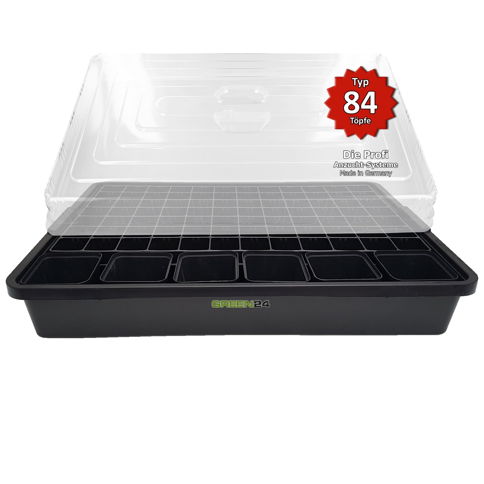 GREEN24 Anzucht-System 84WT Zimmer-Gewächshaus XXL Profi mit automatischer Bewässerung für die Anzucht Zimmer Treibhaus mit Wasser-Wanne + Kapillarsystem + Topfplatte + Haube + Töpfe