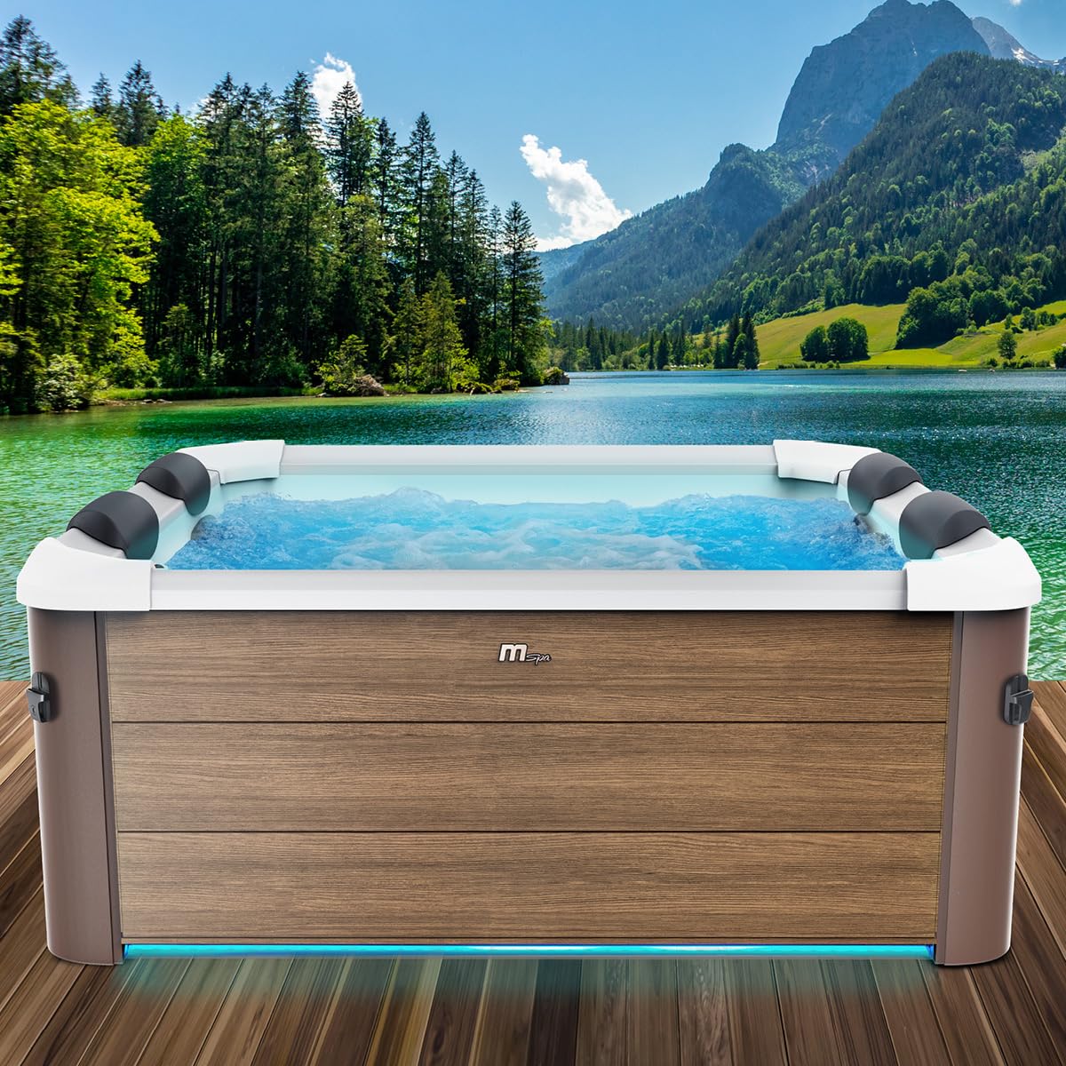BRAST Whirlpool MSpa Amber Aero Plus mit Fester Außenwand | 180x180x65cm für 6 Personen | 140 Massagedüsen | LED-Beleuchtung in 20 Farben | Ganzjähriger Einsatz Winterfest | In & Outdoor Pool