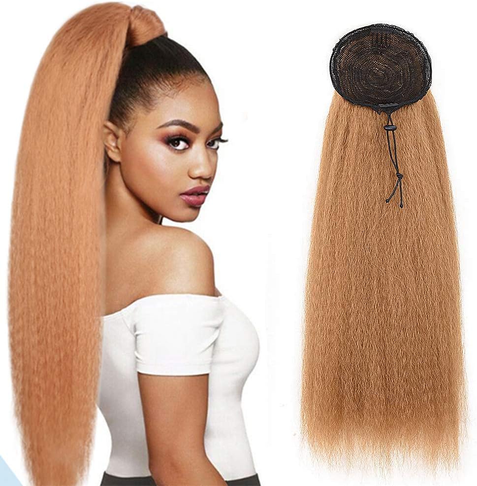 Alileader Kinky Curly Drawstring Ponytail - 22 Inch Drawstring Ponytail Extension Kinky Straight Long Ponytail Hair Extension Synthetic Yaki Drawstring Ponytail Extensions Hair Pieces for Women(27#)