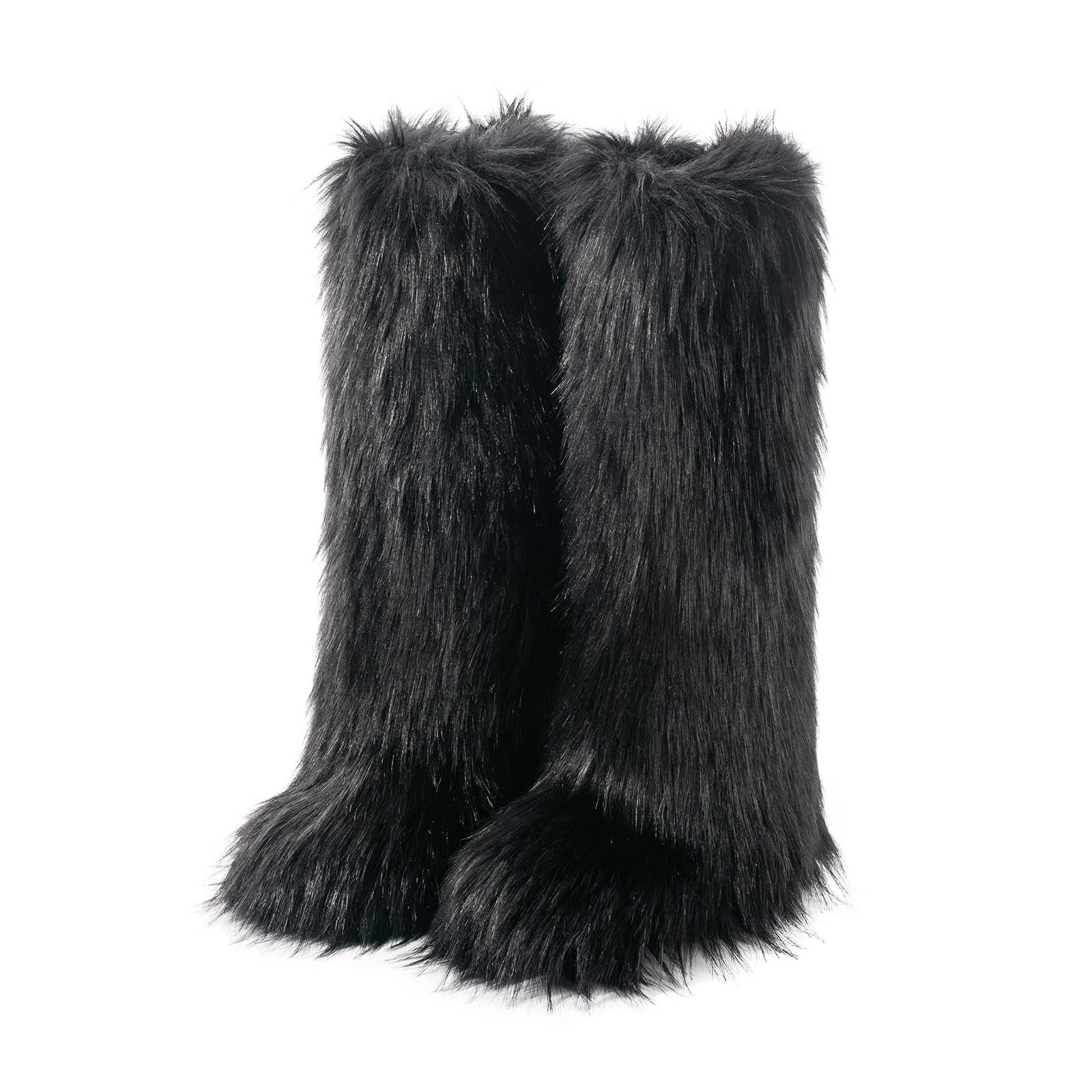ZVC Womens Knee-High Fluffy Snow Boots - Black Faux Fur Trim Insulated Slip Resistant Winter Size 11