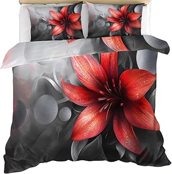 Floral Bedding Duvet Cover - Blooming Florals Comforter with Zipper Closure - Red Flower Comforter Cover with Zipper - 3 Pieces with 2 Pillowcases - Bedroom Decor & Gifts for Women