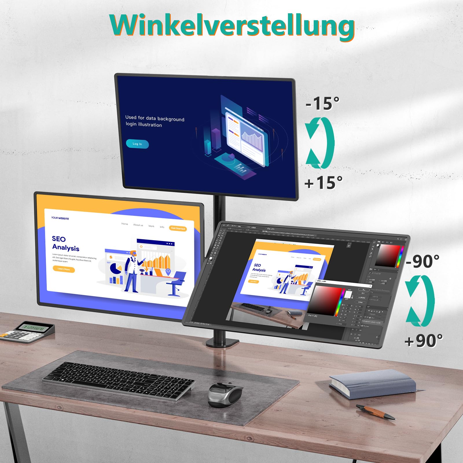 WALI Braccio triplo per monitor fino a 27", completamente regolabile, articolato, triplo supporto per monitor con inclinazione girevole e girevole, supporta schermi fino a 10 kg, VESA 75 e 100 mm,