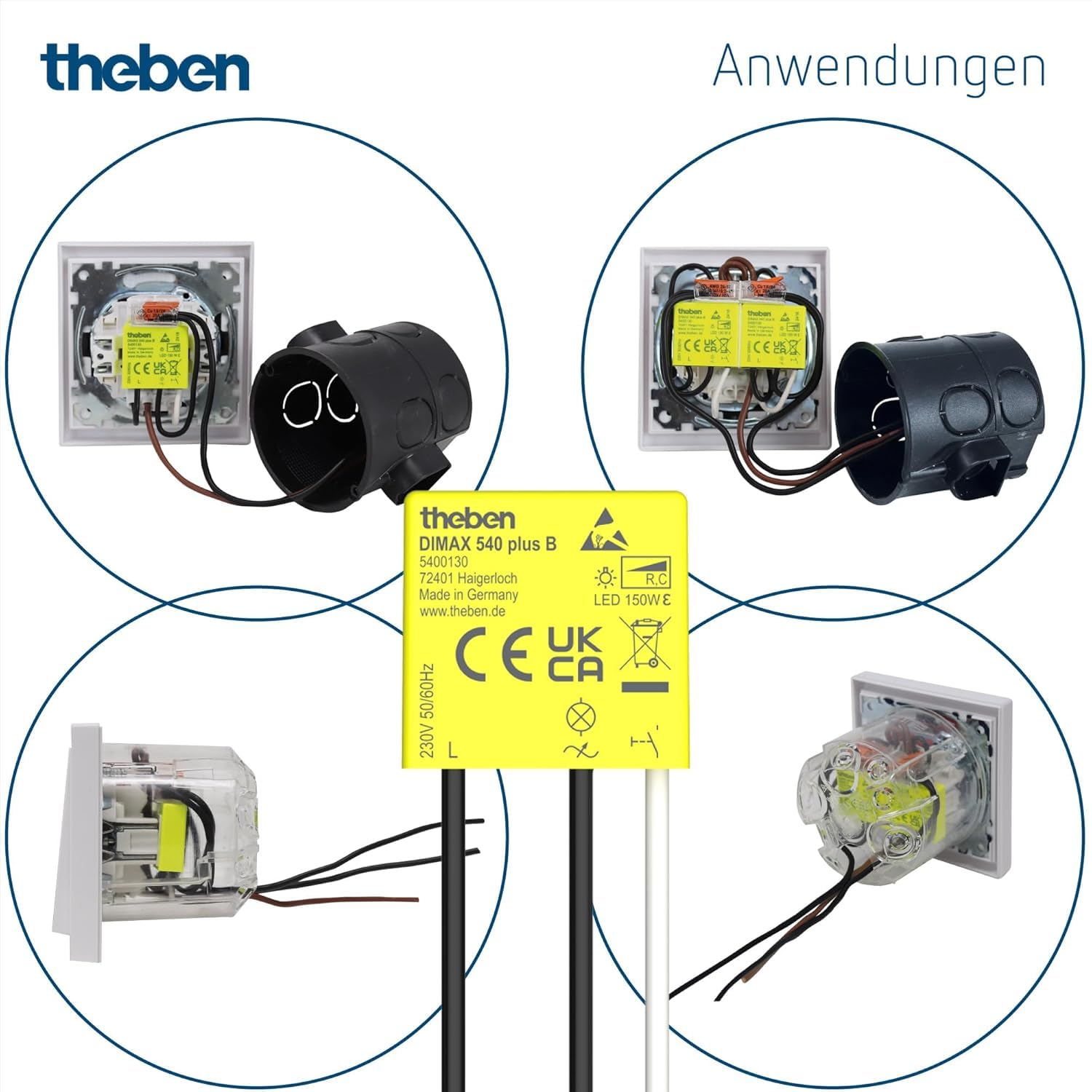 Theben Multipack 5400130 DIMAX 540 plus B, 4 Stück Mini Unterputz-Dimmer | 4er Set ultrakompakter UP-Dimmer (25,5 x 26,4 x 10,4 mm) für R/C-Lasten, benötigt keinen Neutralleiter, 100 m Kabellänge
