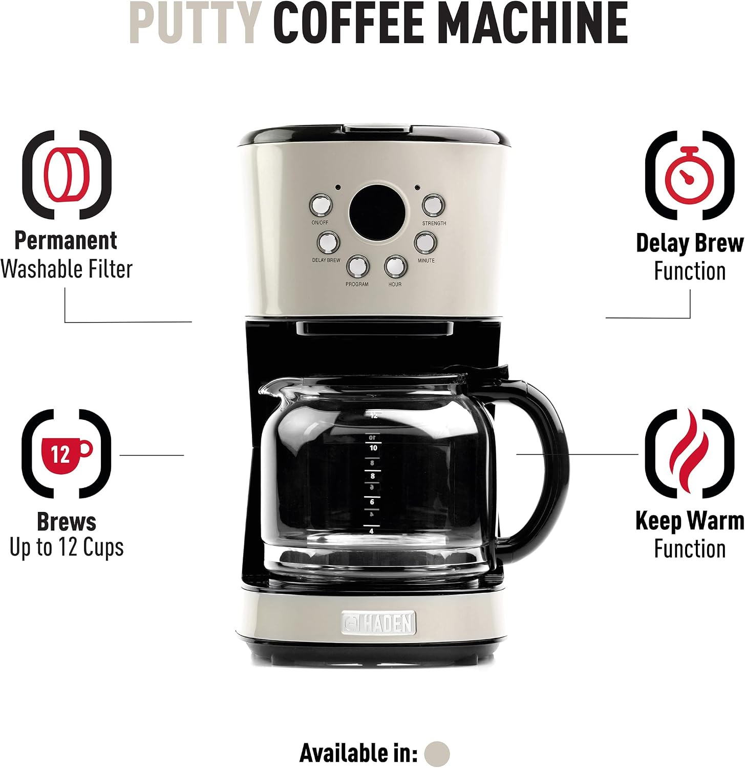 HADEN 75028 Heritage Innovative 12 Cup Capacity Programmable Vintage Retro Home Countertop Coffee Maker Machine with Glass Carafe (12 Cup, Putty)
