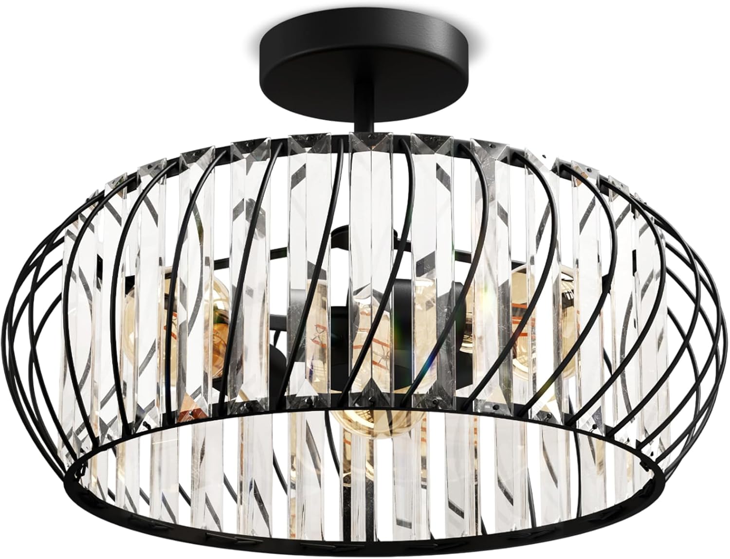ANWIO 15.8inch Crystal Semi Flush Mount Ceiling Light Fixtures, 3-Light Black Chandelier Bedroom Ceiling Light Fixtures, Living Room Light Fixture for Kitchen Hallway Bathroom Dining Room, E12