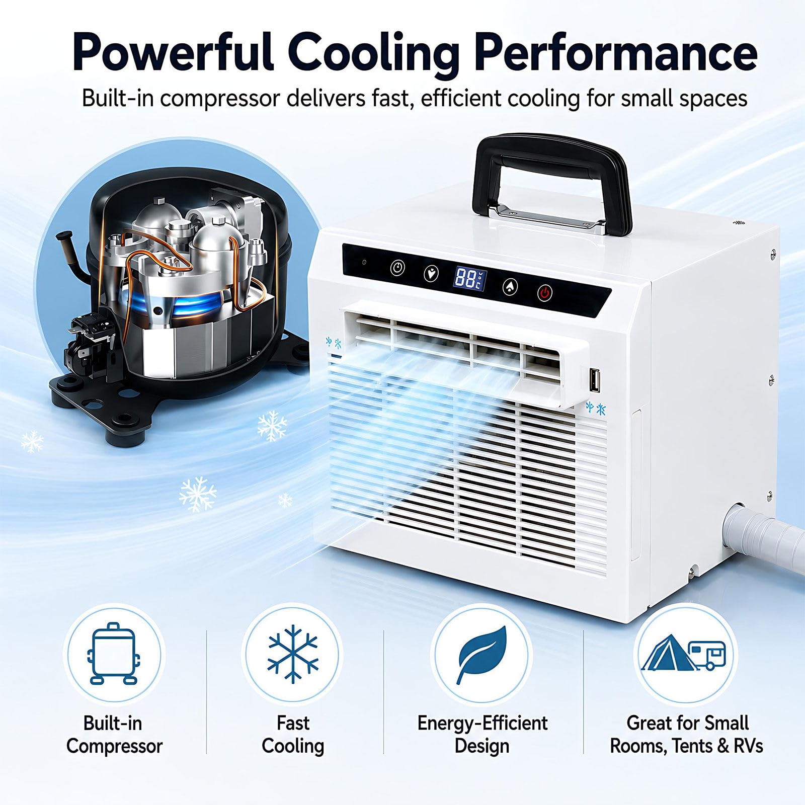Mini Split Portatile 3000BTU – Silenzioso – Leggero 220V-1.5Metre | Doppio controllo: pannello touch sull'unità + telecomando wireless per massima comodità.