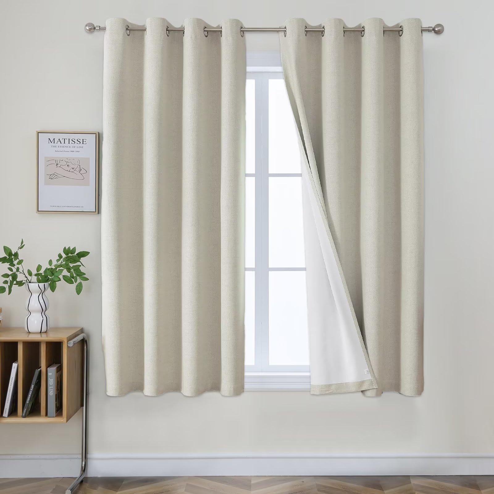 Joydeco Blackout Curtains 63 Inch Length, Light Beige Blackout Curtains for Bedroom Living Room, Beige Light Sun Heat Blocking Linen Texture Window Curtains Drapes (42x63 inch, Light Beige)