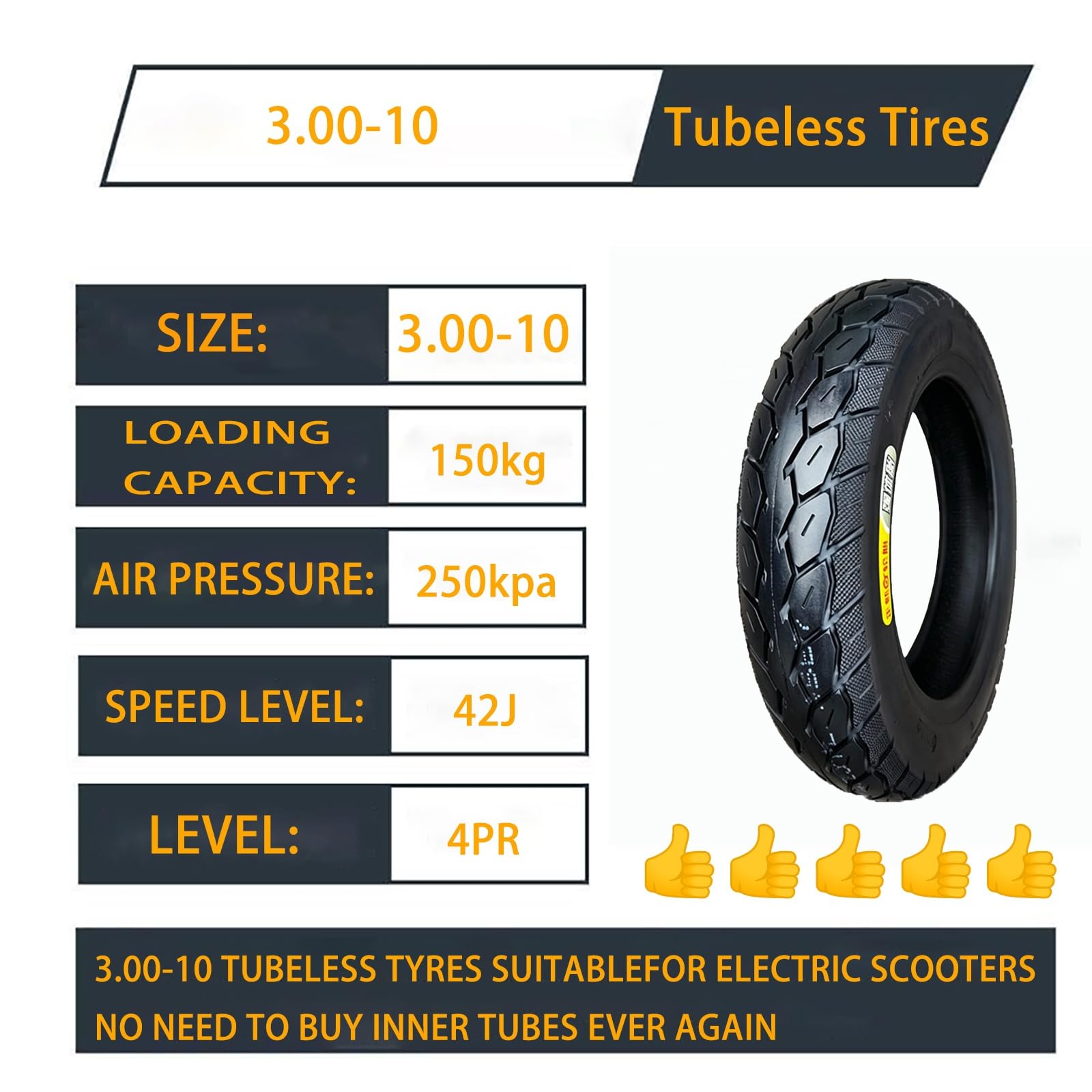 10 Pouces Pneu de Trottinette Électrique, 3.00-10 4PR 42J Pneu Tubeless, Roue Caoutchouc, 3.00 10 Antidérapant pour L'avant et L'arrière, 3.00x10 Charge Maximale 150 kg, 250 kPa