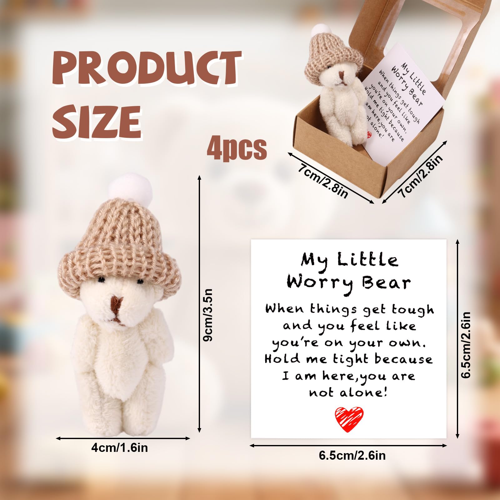 TOYMIS 4 Set Handmade Mini My Little Worry Bear with a Hat in Box - Image 2