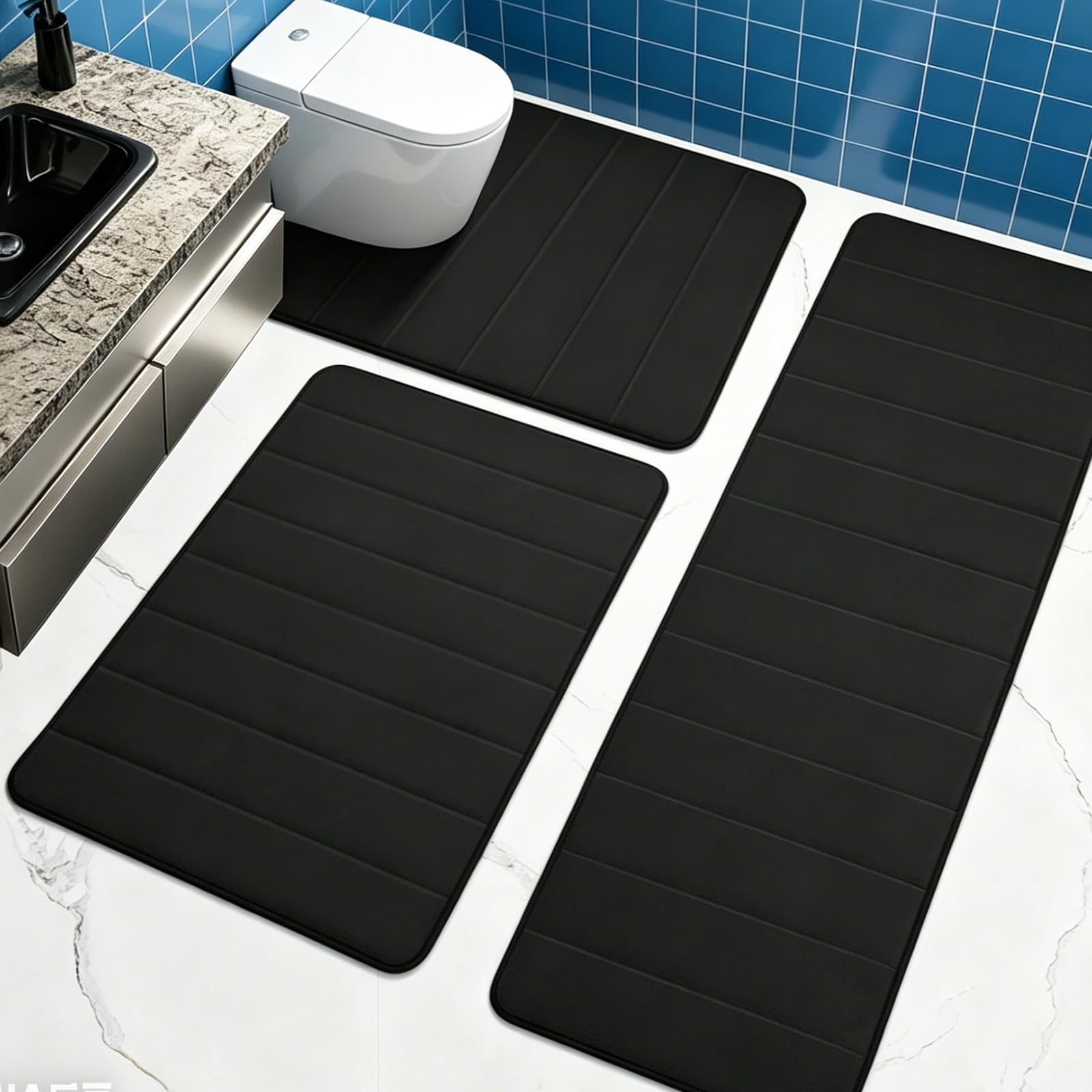 Xazuninsu Bath Mat Sets 3 Piece Washable,Water Absorbent Bathroom Mats & U-Shaped Toilet with Pvc Non Slip Backing for Bathroom Floor, Black