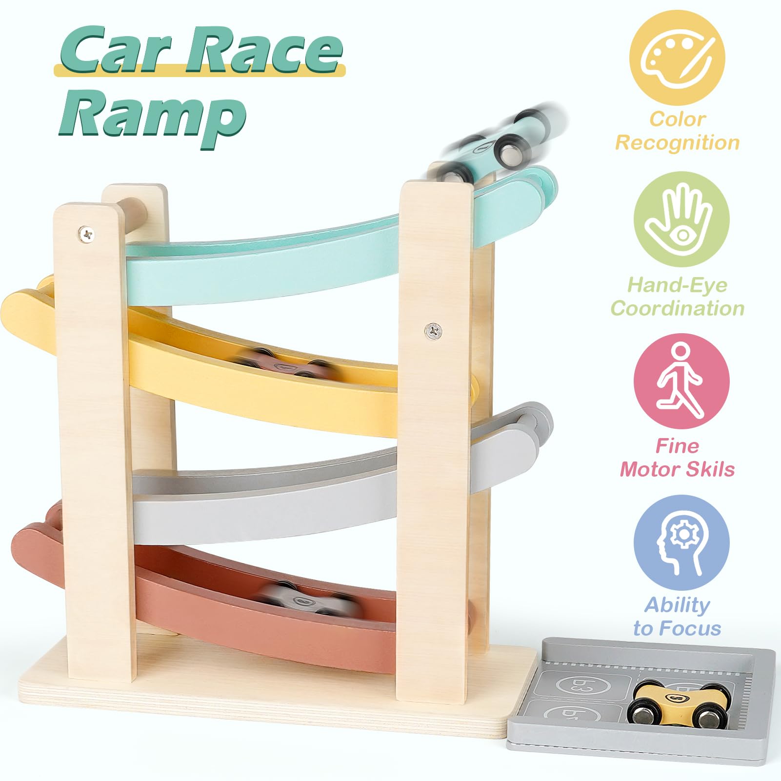Juguetes de rampa de coche para niños de un año, regalos de cumpleaños, juguetes Montessori de madera para niños de 1 a 2 años, juguete de camión de carreras con 4 mini coches/1 estacionamiento, 2