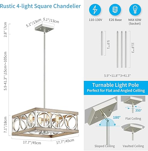 Miniatura 3 de XINGQI Lámpara moderna cuadrada de 4 luces, lámpara colgante de granja para comedor, sala de estar, dormitorio, isla de cocina, grano de madera