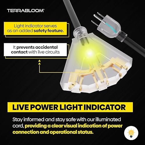 Miniatura 5 de SJEOW - Cable de extensión para exteriores de 15 pies, 123, goma flexible, triple tomacorriente, cable negro con indicador de luz de alimentación