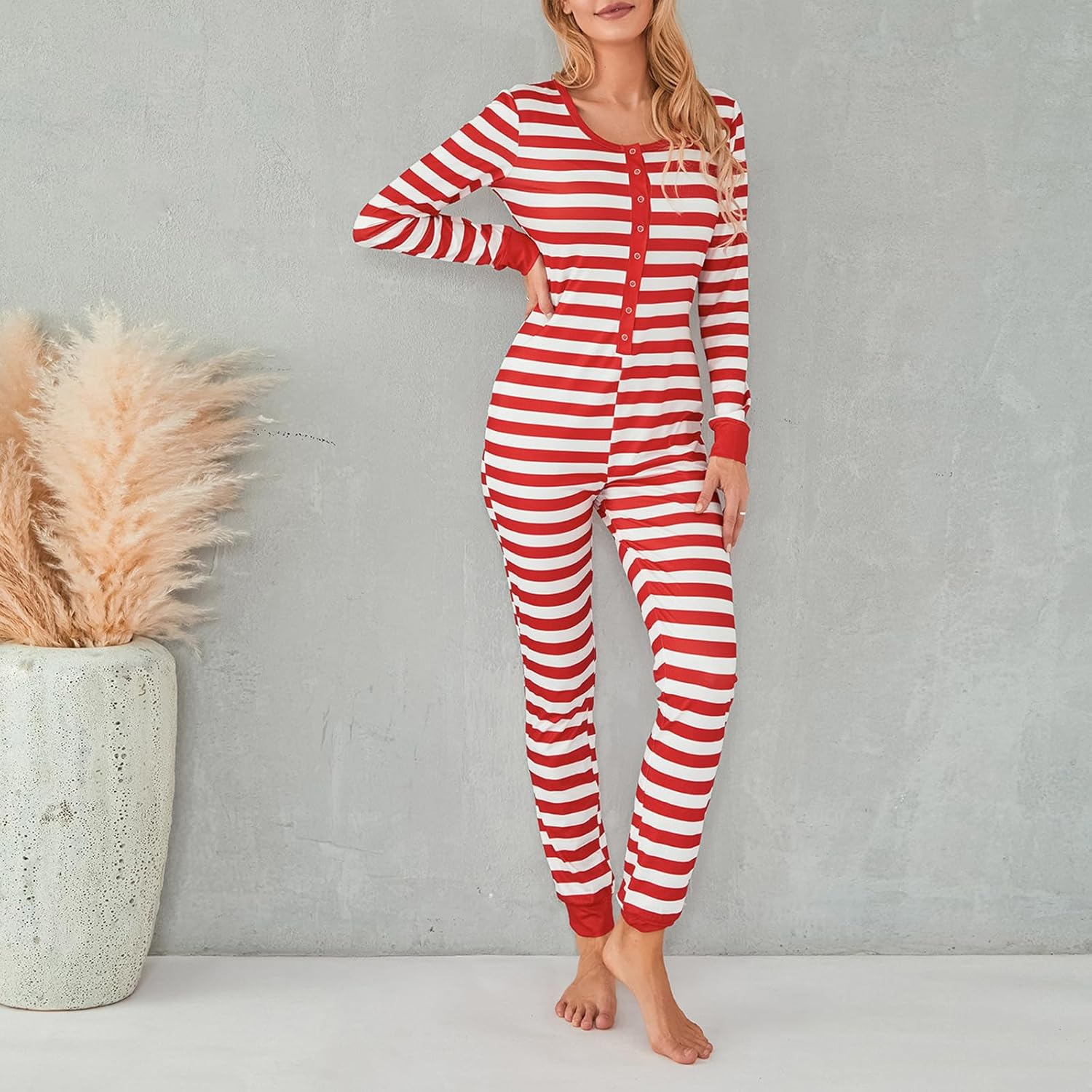 Women Striped Christmas One Piece Pajamas V Neck Long Sleeve Jumpsuit Bodycon Bodysuit Romper Sleepwear - Image 3