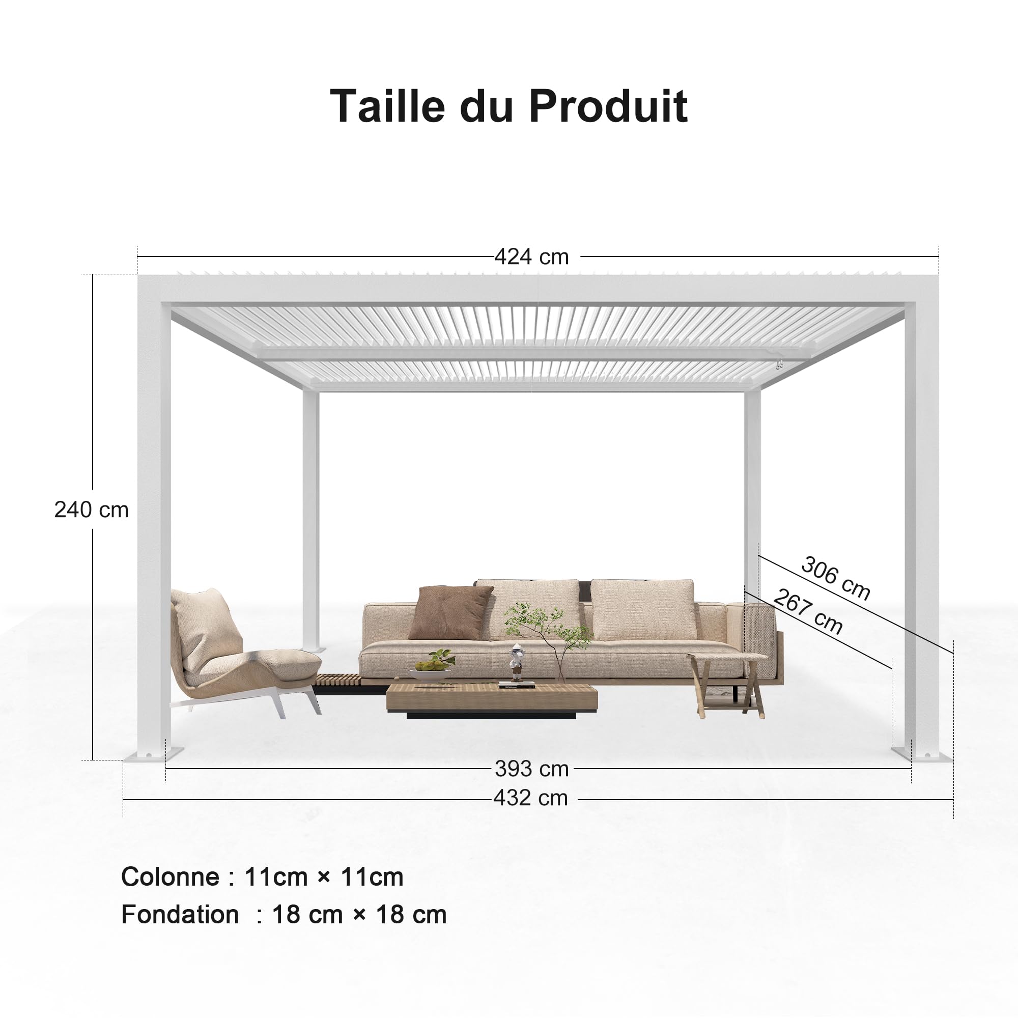 PURPLE LEAF Pergola Bioclimatique Alu 4,24 x 3 m Lames Orientables, Blanc