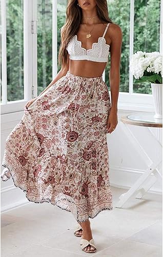 Miniatura 4 de MEROKEETY - Falda larga por debajo de la rodilla, acampanada y plisada de cintura alta con estampado floral bohemio para mujer