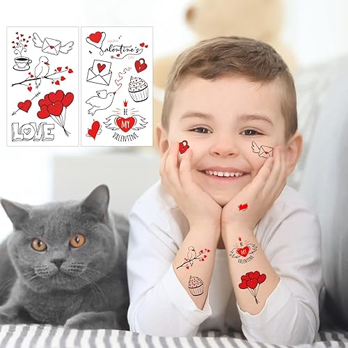 Miniatura 2 de 75 tatuajes temporales del día de San Valentín para mujeres y niños, 12 hojas de calcomanías de tatuaje de flores de corazón rojo y negro para