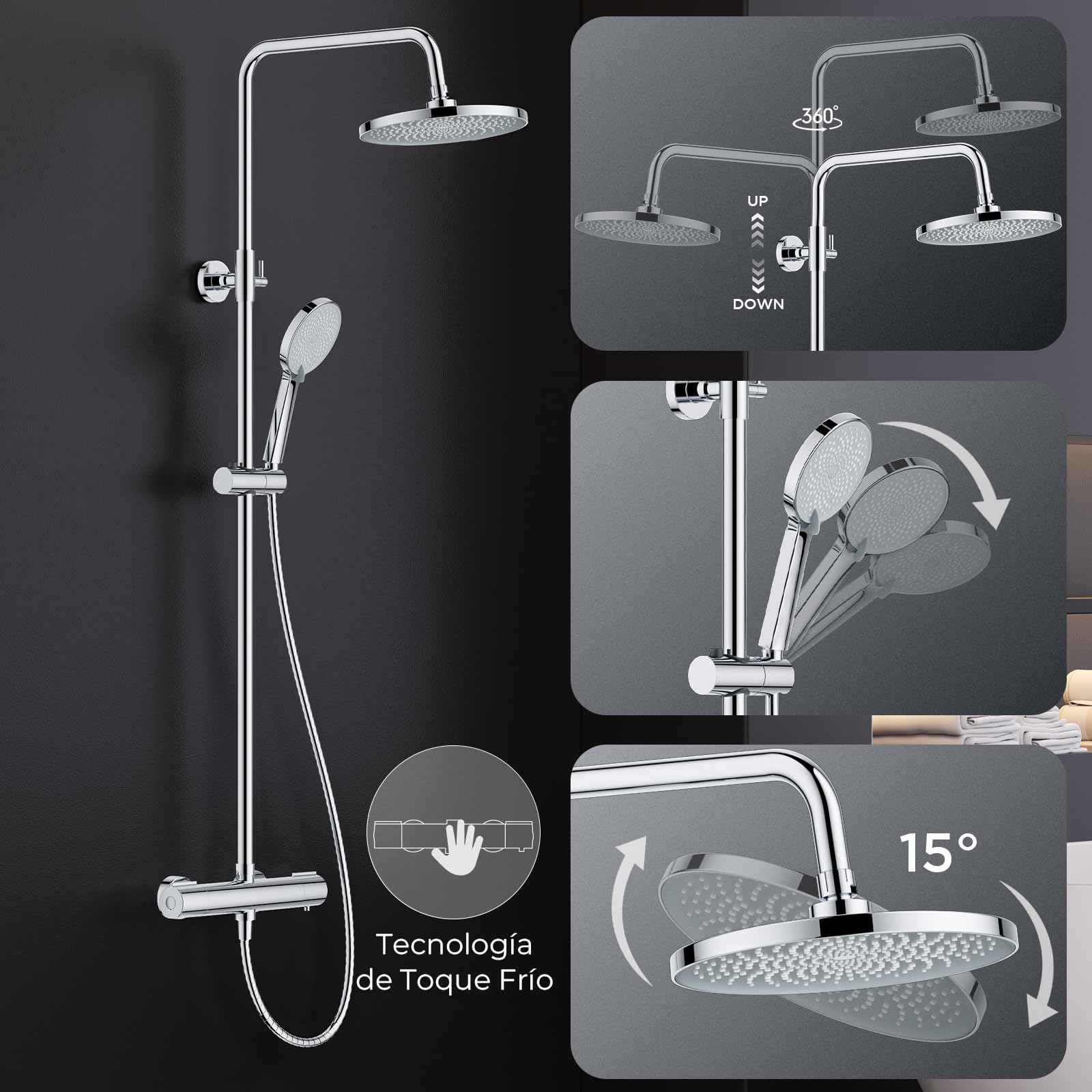 FORIOUS Set Grifo de Ducha Termostático, Set Columna de Ducha de Acero Inoxidable con Barra de Ducha Ajustable en Altura, Ducha de Lluvia Redonda de 25 cm, Ducha de Mano con 3 Tipos de Chorro